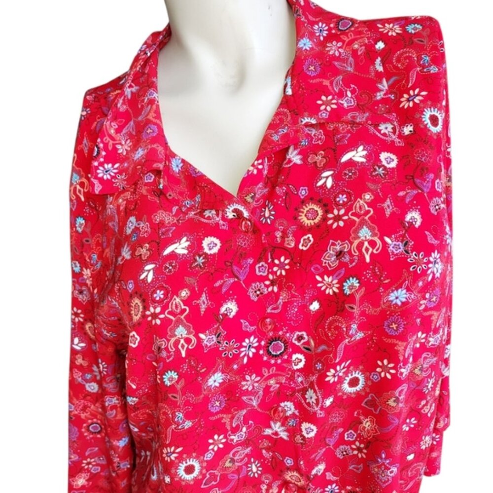 Christopher and Banks Size XL Women's Floral 3/4 Sleeve Red Button Down Top - Picture 2 of 16